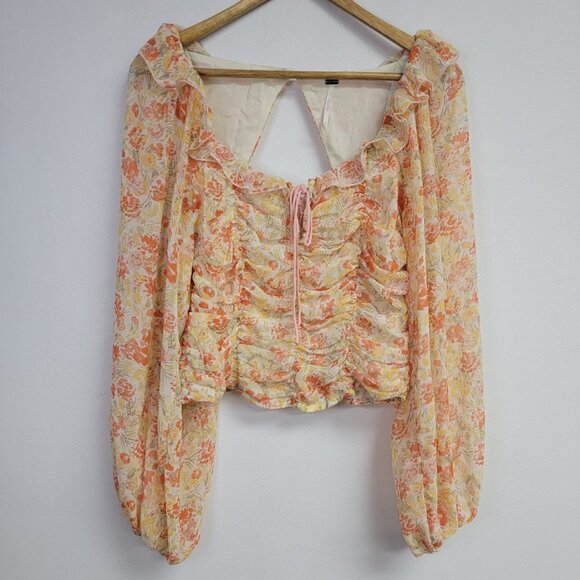 Free People Tops - Free People Mabel Blouse Size Sm Floral Sheer Long Sleeve Coquette Boho Festival
